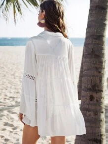 Swim Vcay Circle Lace Insert Flare Sleeve Layered Cover Up - White - View 2