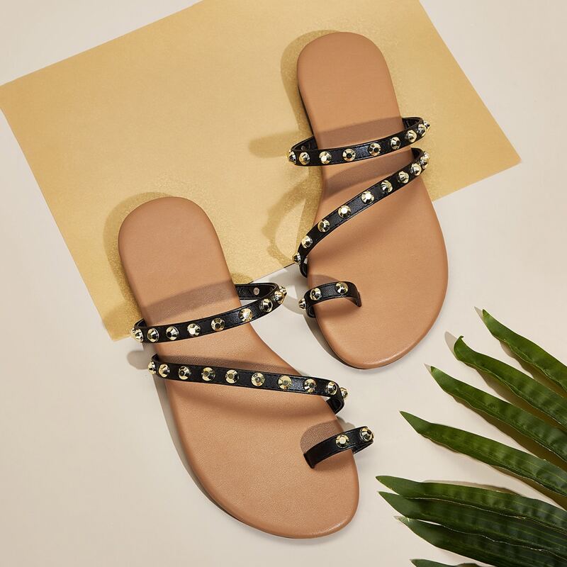 

Studded Decor Toe Ring Sliders, Multicolor