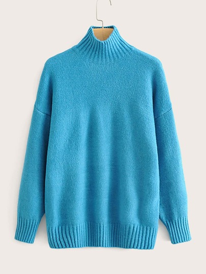 High Neck Drop Shoulder Solid Sweater