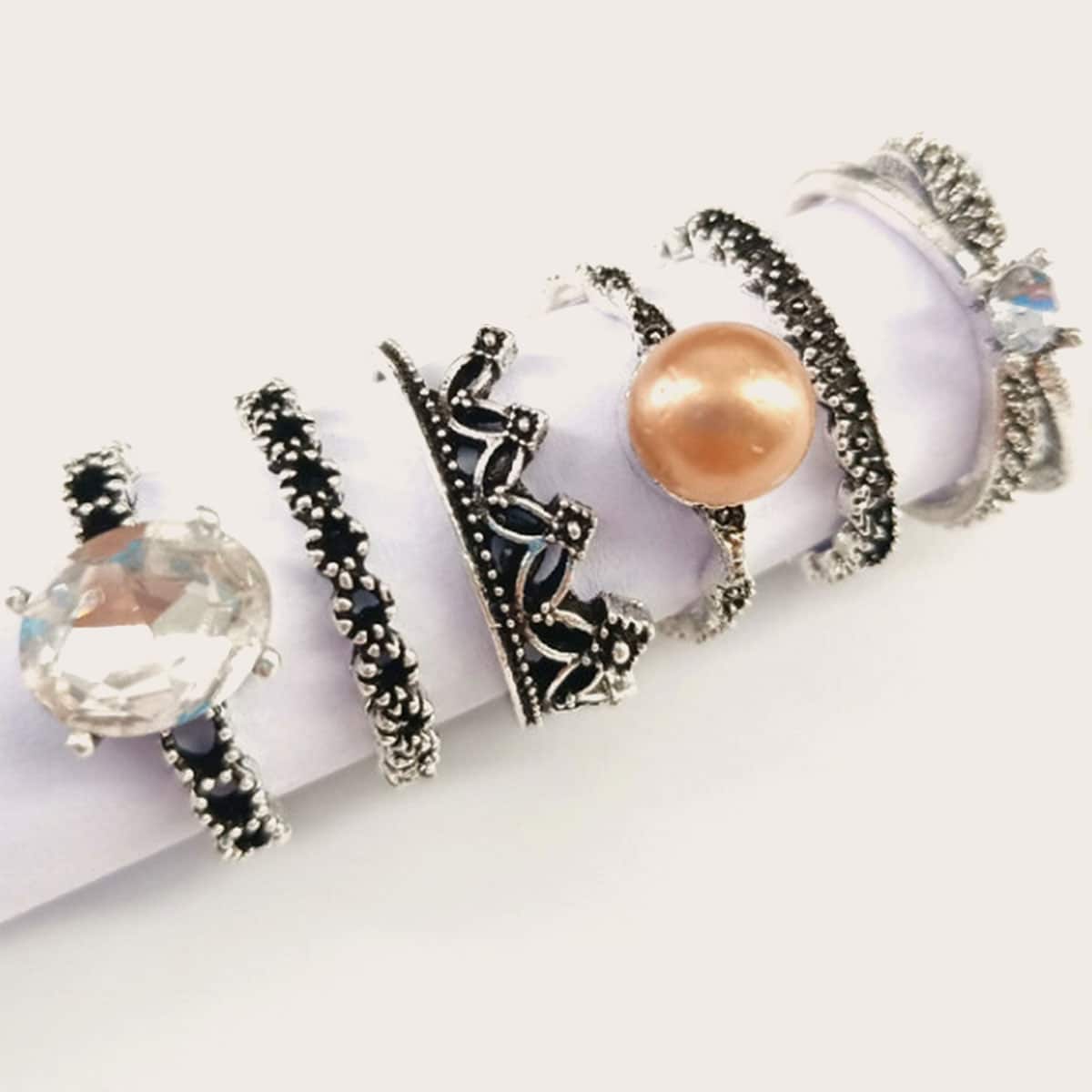

6pcs Rhinestone Engraved Rings, Silver