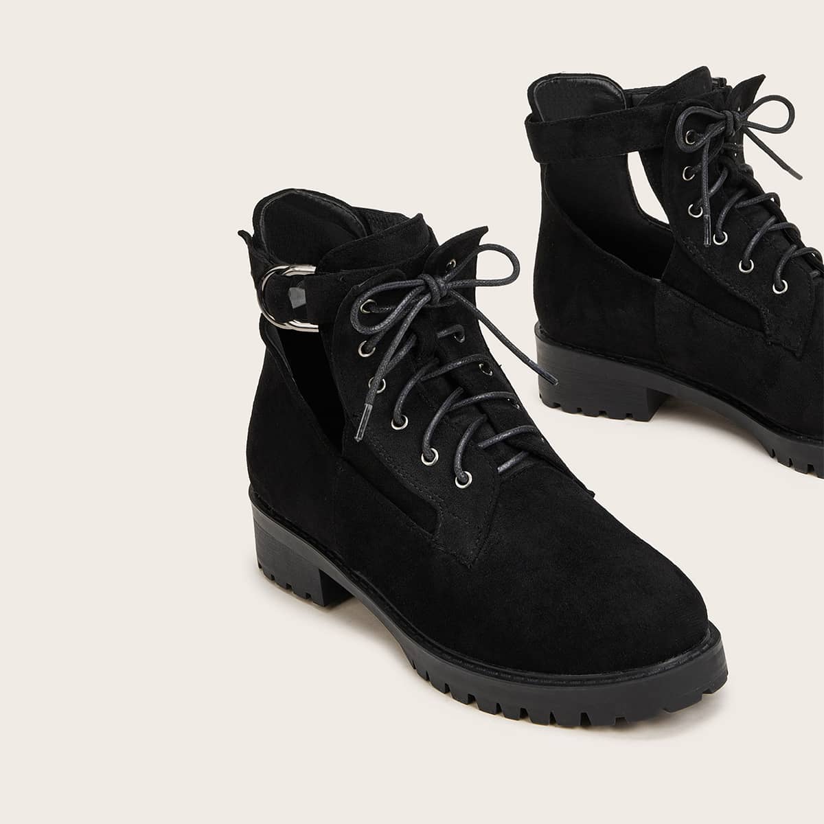 

Cut Out Lace-up Front Suede Boots, Black