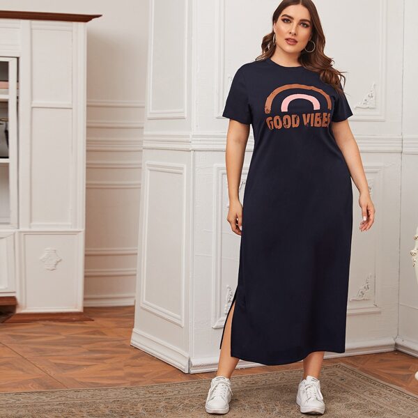 

Plus Letter Graphic Split Hem Tee Dress, Navy blue