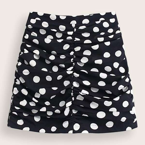 

Polka Dot Print Ruched Skirt, Black and white