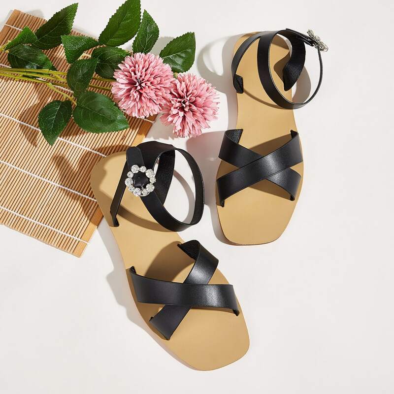 

Cross Strap Rhinestone Decor Sandals, Black