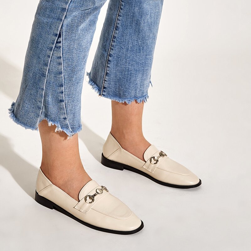 

Metal Decor Flat Loafers, Apricot