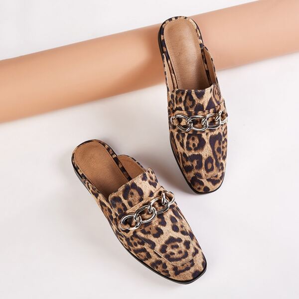 

Chain Decor Leopard Loafers Mules, Brown