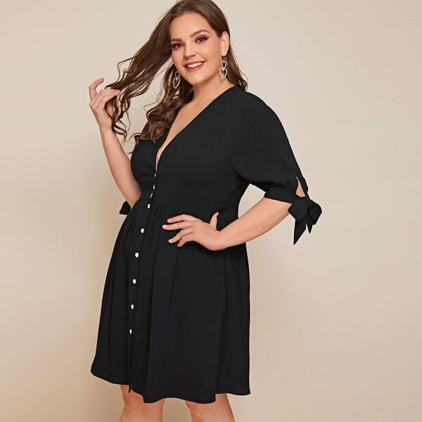 

Plus Knot Cuff Button Front Dress, Black