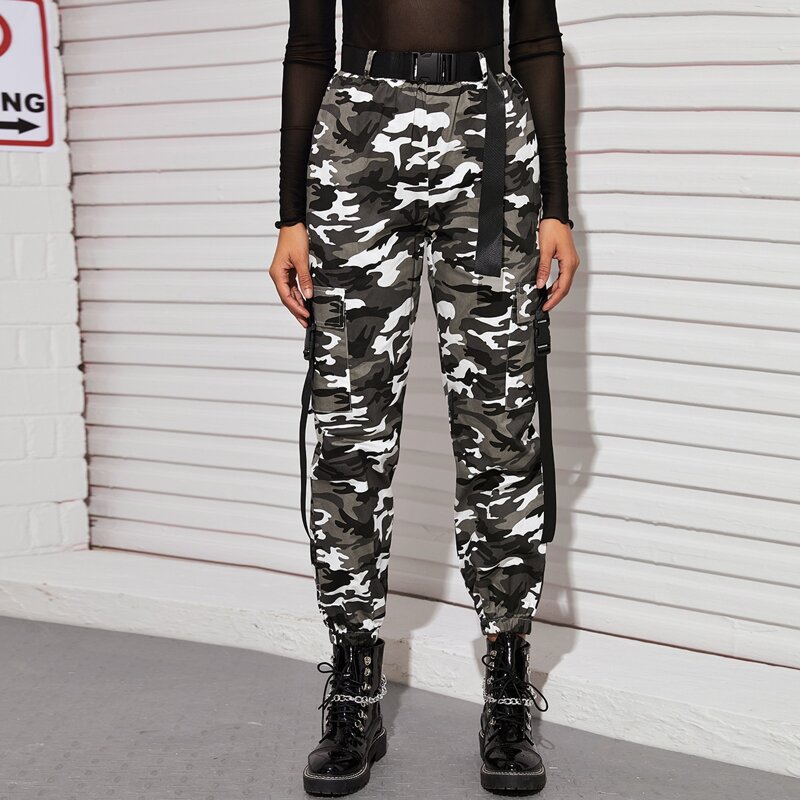 

Camo Print Buckle Belted Cargo Pants, Multicolor