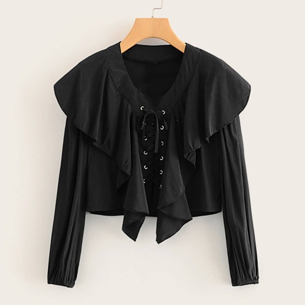 

Lace Up Ruffle Detail Crop Blouse, Black
