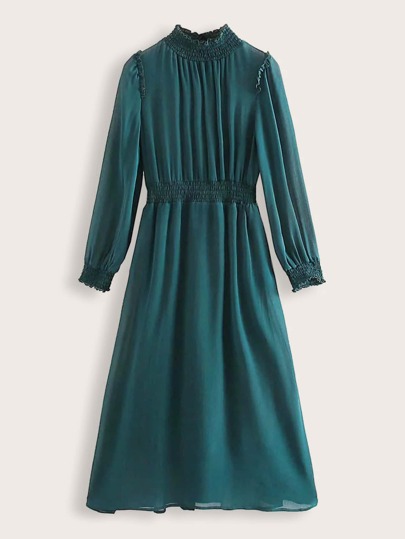Ruffle Neck Smocked Detail Keyhole Back Dress