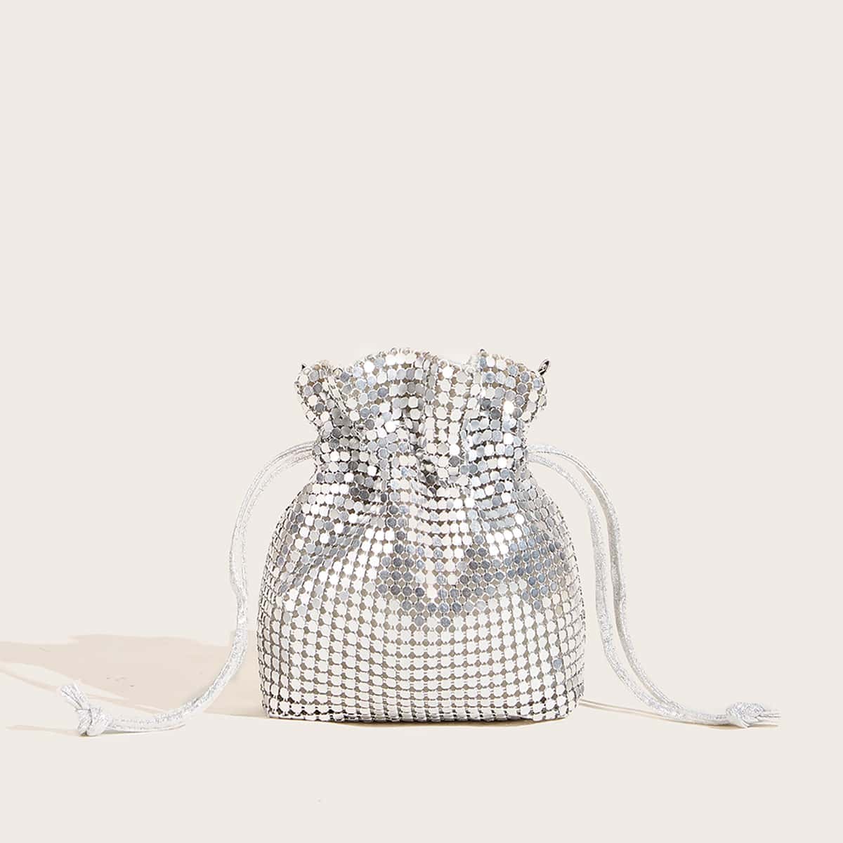

Metallic Clutch Bag With Drawstring, Silver