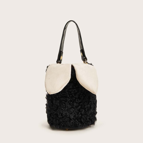 

Teddy Faux Fur Chain Satchel Bag, Black