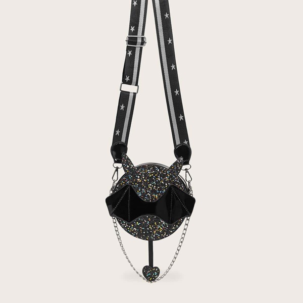 

Devil Design Glitter Chain Decor Crossbody Bag, Black