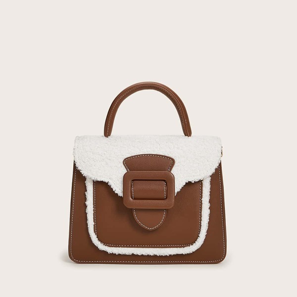 

Faux Fur Panel Satchel Bag, Brown