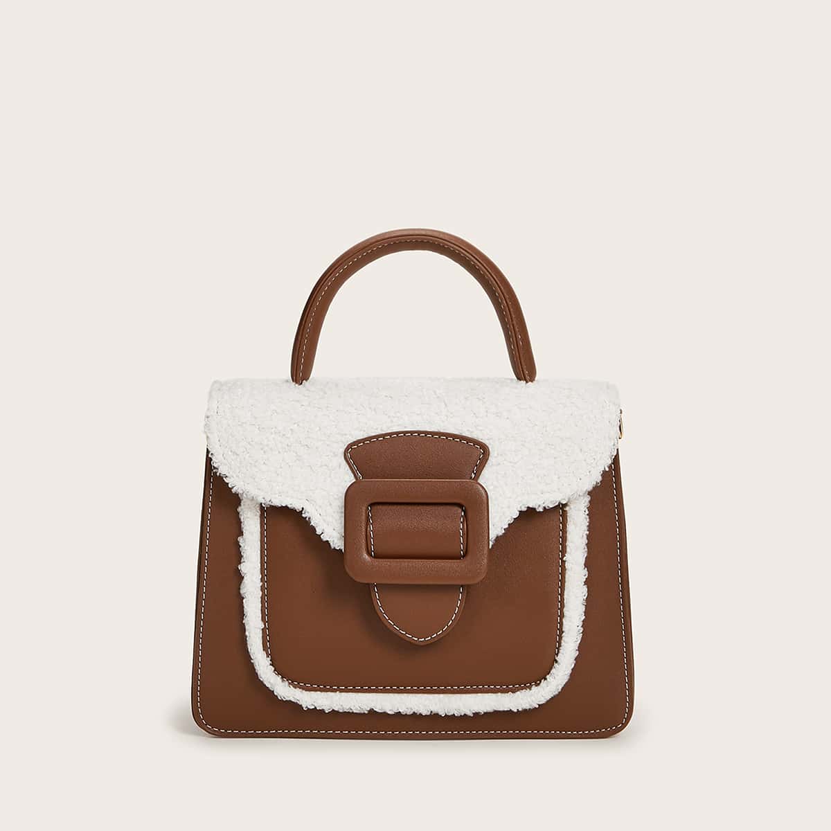 

Faux Fur Panel Satchel Bag, Brown