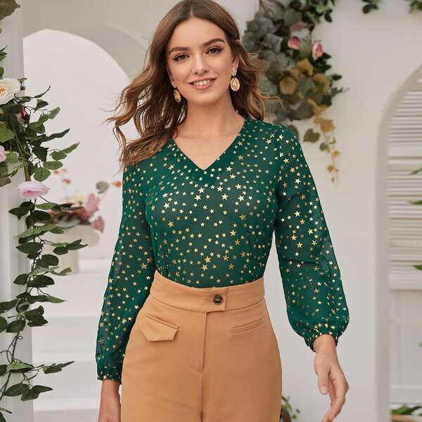 

All Over Star Print V-neck Blouse, Green