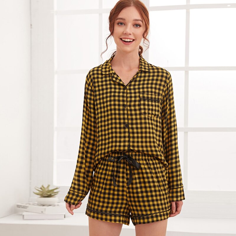 

Gingham Blouse & Drawstring Shorts PJ Set, Yellow
