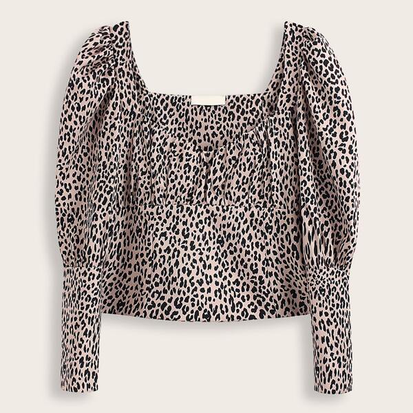 

Leopard Print Gigot Sleeve Crop Blouse, Multicolor