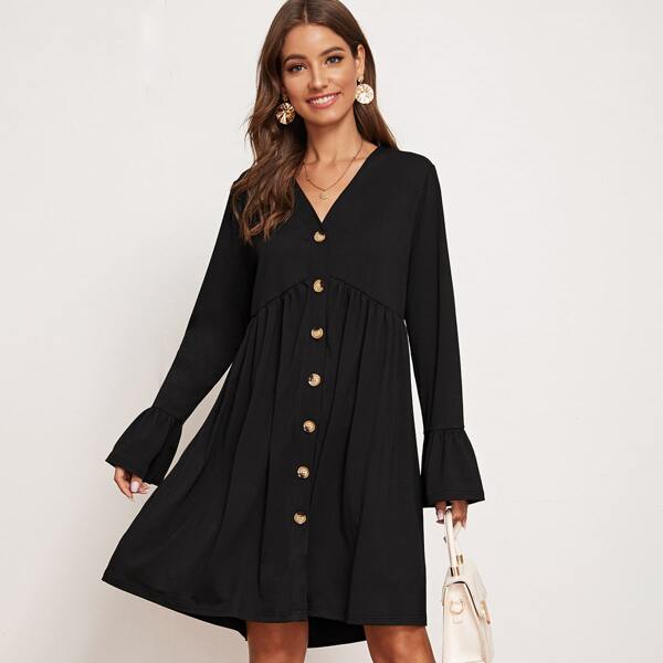 

Solid Button Through Flounce Sleeve Babydoll Dress, Black