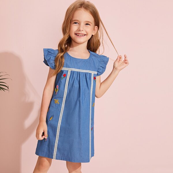 

Toddler Girls Floral Embroidery Lace Insert Tunic Dress, Blue