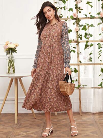 Button Front Ditsy Floral Print Contrast Panel Dress