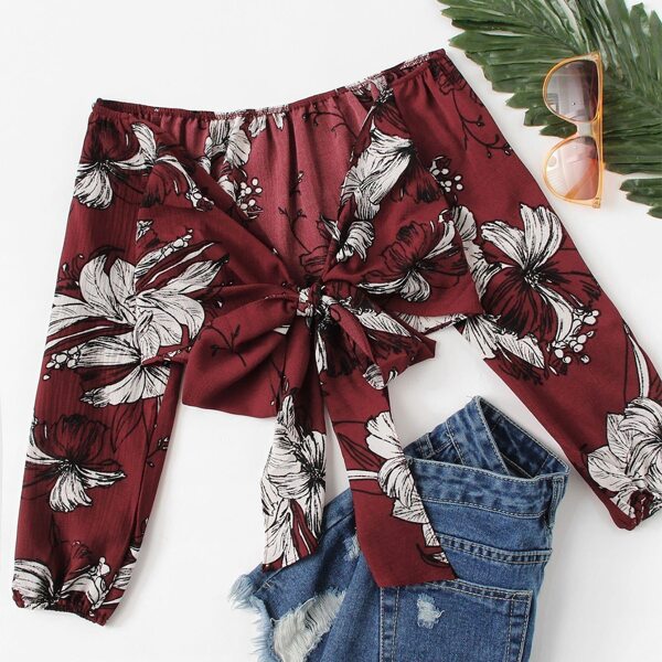 

Plus Floral Print Tie Front Crop Top, Burgundy