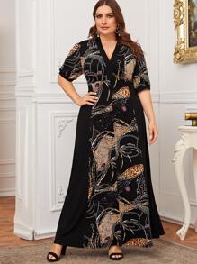 Vestido línea A con estampado de cadena y leopardo - grande - Multicolor - Ver 1