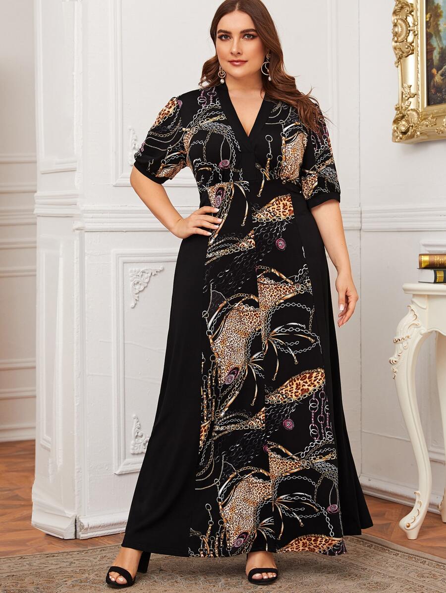Vestido línea A con estampado de cadena y leopardo - grande - Multicolor - Ver 1