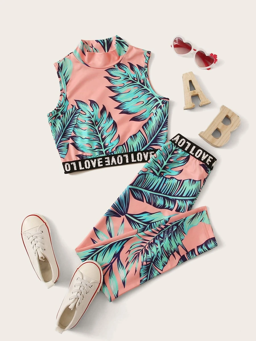 SHEIN Tween Girl Tropical Print Letter Tape Top & Leggings Set - Multicolor - View 1