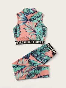 SHEIN Tween Girl Tropical Print Letter Tape Top & Leggings Set - Multicolor - View 2