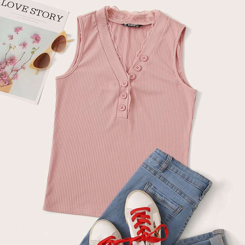 

Lace Trim Button Front Rib-knit Tank Top, Pink pastel
