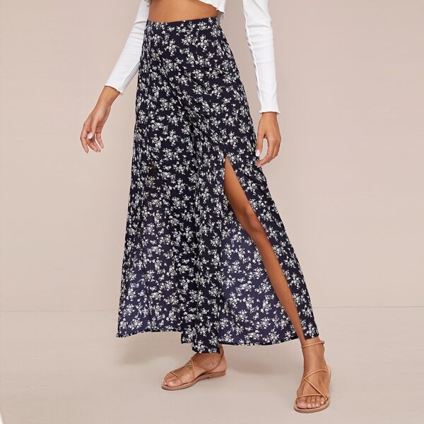 

Split Thigh Ditsy Floral Wide Leg Pants, Navy blue