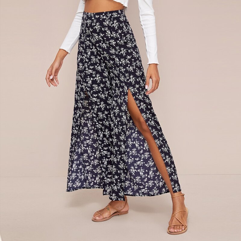

Split Thigh Ditsy Floral Wide Leg Pants, Navy blue