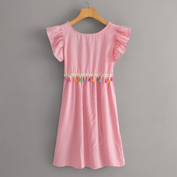 

Striped Fringe Trim Tie Back Dress, Pink