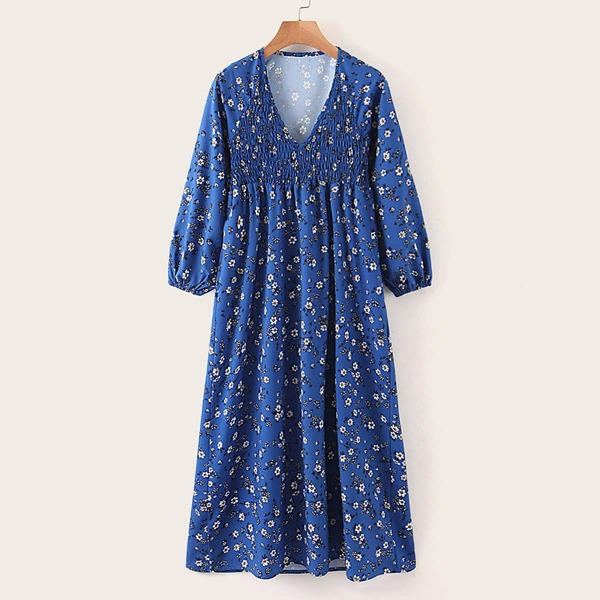 

V Neck Disty Floral Print Shirred Dress, Blue