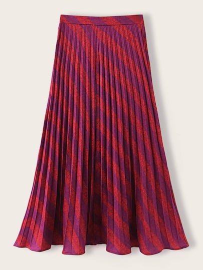 Diagonal Striped Elastic Waist Pleated Skirt