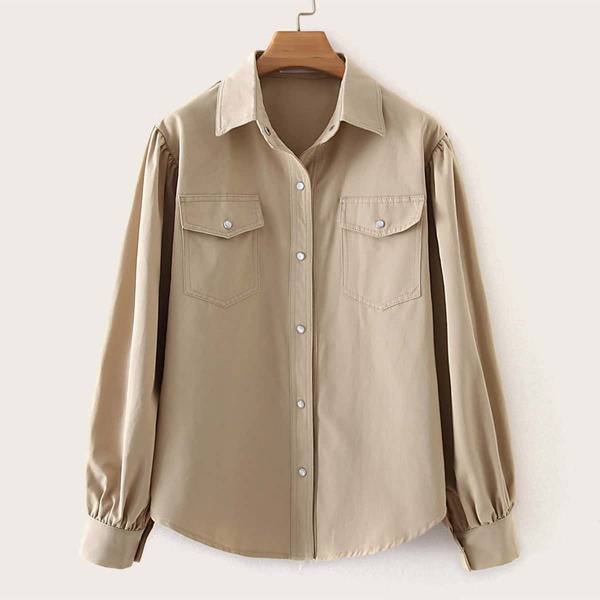 

Button Front Double Pocket Curved Hem Blouse, Khaki