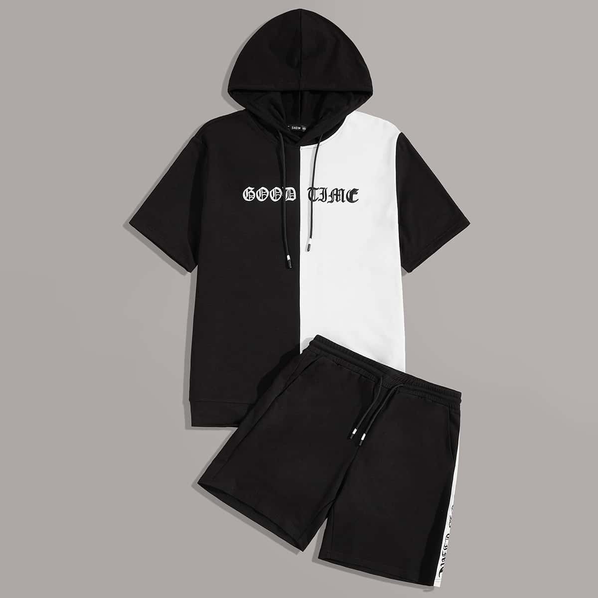 

Guys Two Tone Embroidered Drawstring Hoodie & Track Shorts Set, Black and white