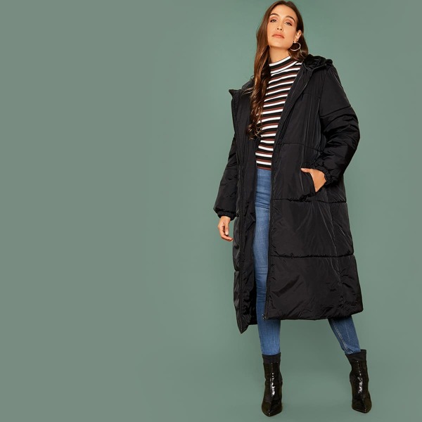 

Zip Up Windbreaker Padded Hooded Coat, Black