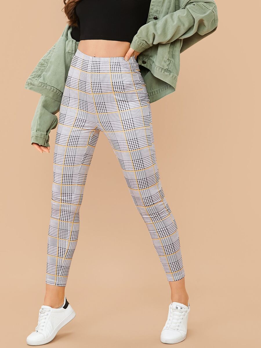 SHEIN Plaid Ankle-Cut Skinny Pants - Grey - View 1