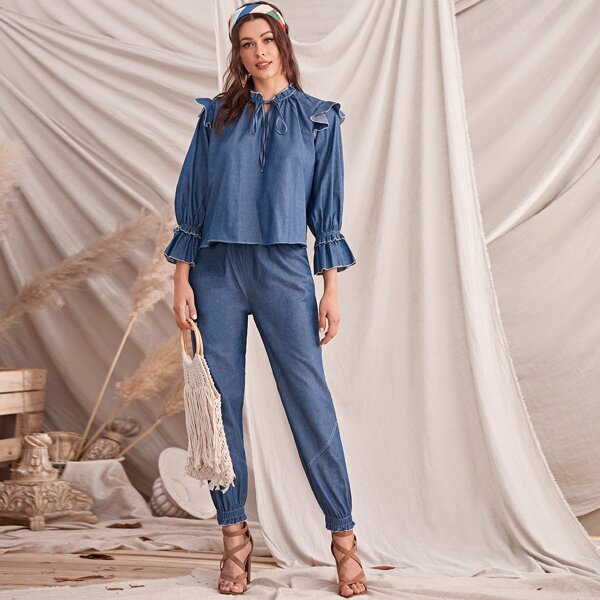 

Tie Neck Frill Top and Peg Pants Set, Blue