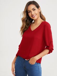 SHEIN Clasi 捲邊袖素色上衣 - 酒紅色 - 查看 3