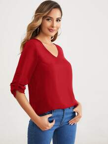 SHEIN Clasi 捲邊袖素色上衣 - 酒紅色 - 查看 4