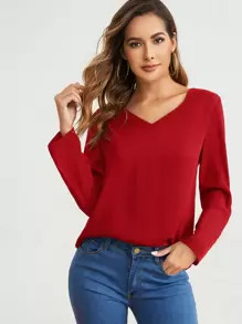 SHEIN Clasi 捲邊袖素色上衣 - 酒紅色 - 查看 1