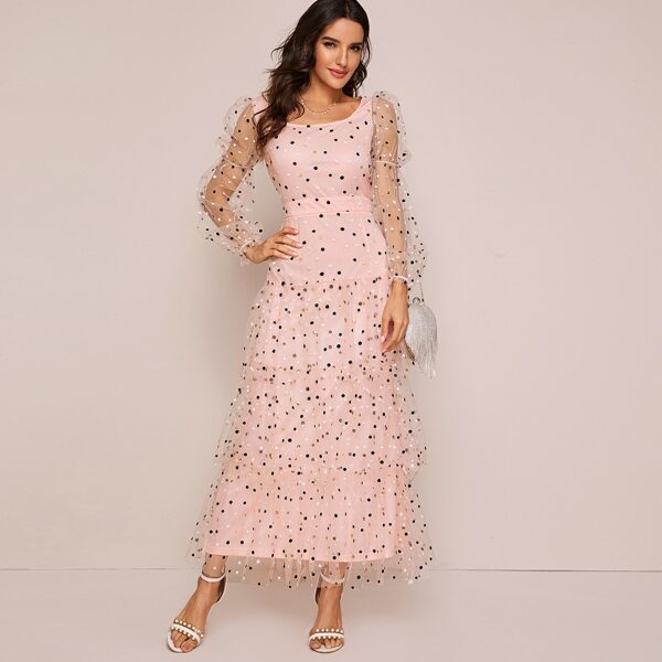 

Polka-dot Embroidered Mesh Overlay Layered Hem Dress, Pink