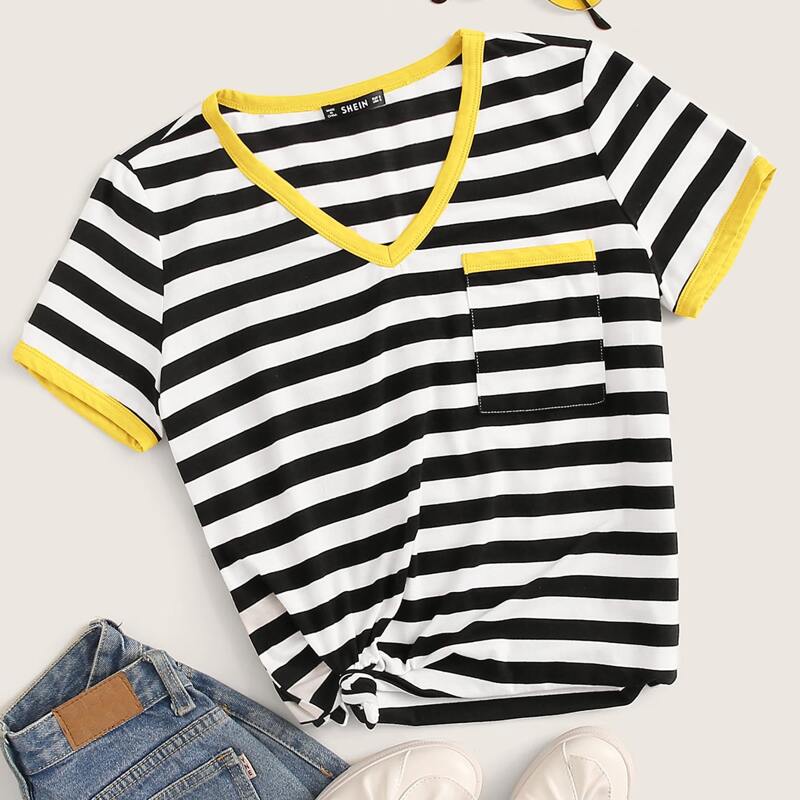 

Contrast Binding Pocket Patched Striped Tee, Black and white