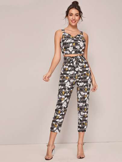 Plaid & Floral Print Cami Top & Belted Pants
