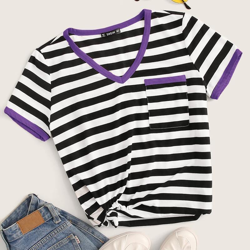 

Contrast Binding Pocket Patched Striped Tee, Black and white