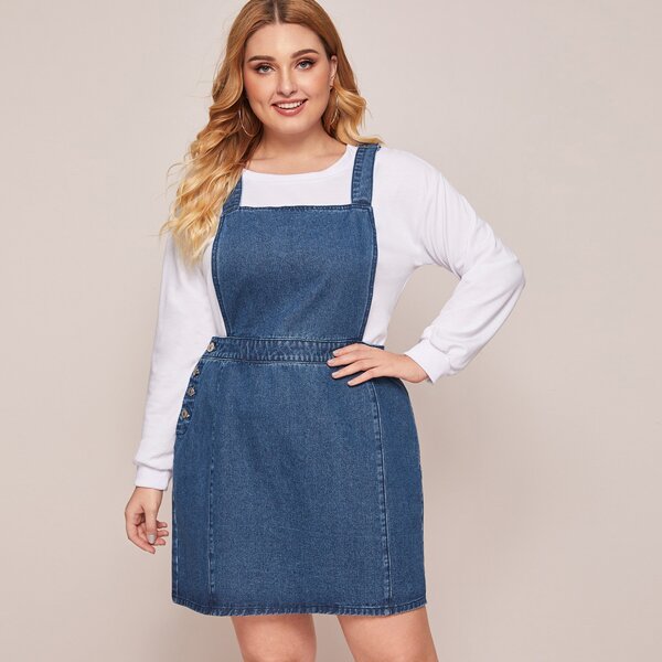

Plus Button Detail Denim Overall Dress, Blue