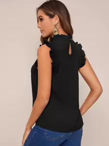 SHEIN Clasi Mock-neck Frill Trim Sleeveless Top - Black - View 2